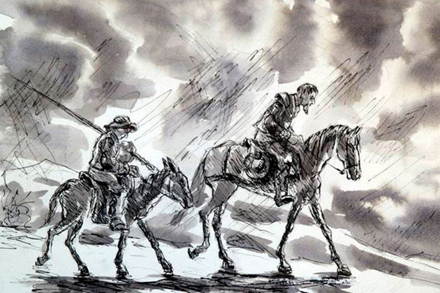 Perplejo, Don Quijote, experimentado en quebrantos solía analizar los motivos de sus caídas